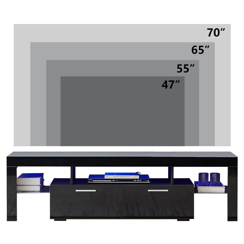 Black TV Stand for 70 Inch TV, Modern TV Cabinet with 16 Color LED Light