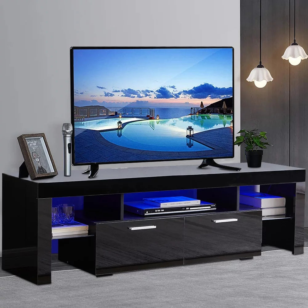 Black TV Stand for 70 Inch TV, Modern TV Cabinet with 16 Color LED Light