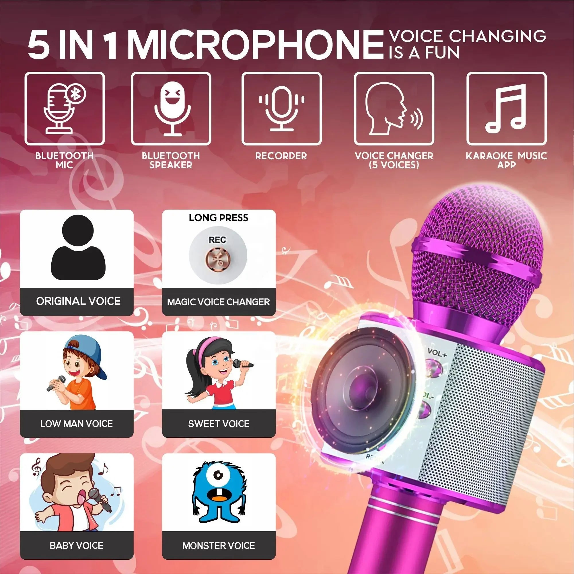 Wireless Bluetooth Karaoke Microphone Speaker 5 in 1 Handheld Rechargeable Microphone for Home Party Singing Meeting