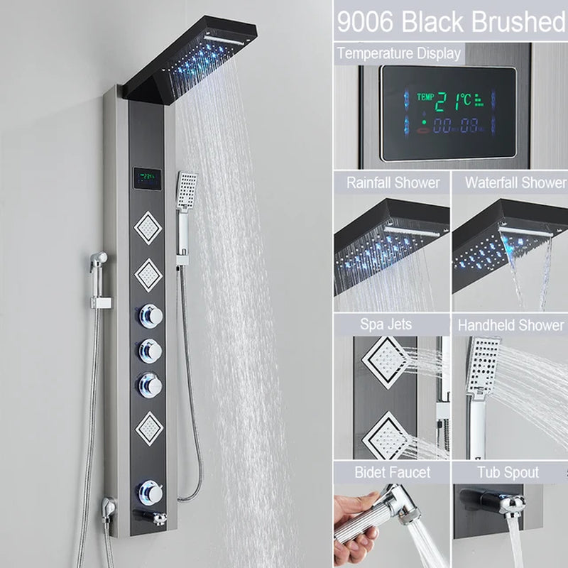 Black LED Light Shower Faucet Bathroom SPA Massage Jet Shower Column System Waterfall Rain Shower Panel Bidet Sprayer Tap