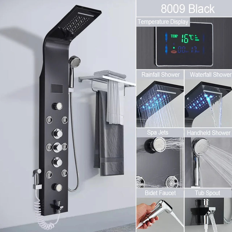 Black LED Light Shower Faucet Bathroom SPA Massage Jet Shower Column System Waterfall Rain Shower Panel Bidet Sprayer Tap