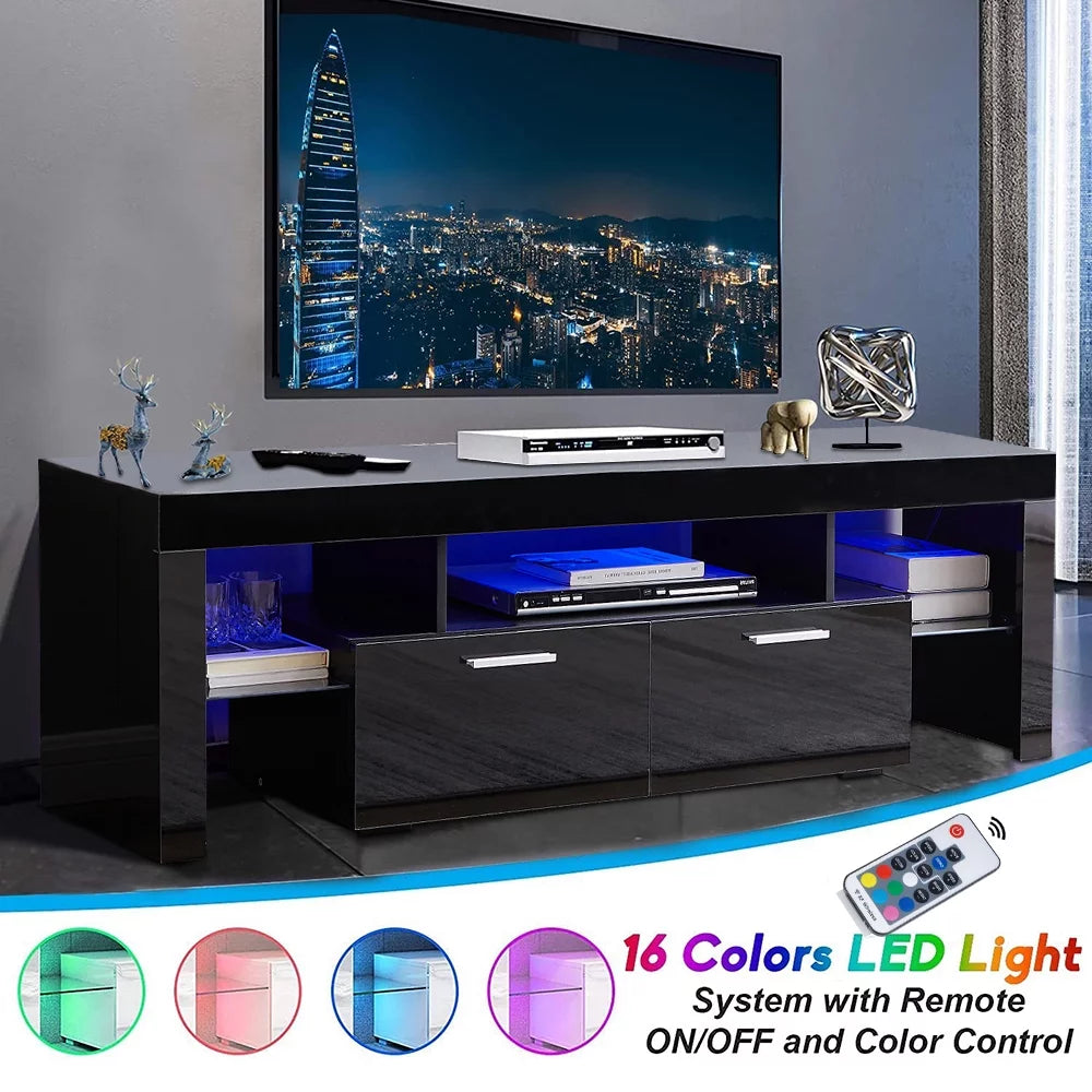 Black TV Stand for 70 Inch TV, Modern TV Cabinet with 16 Color LED Light