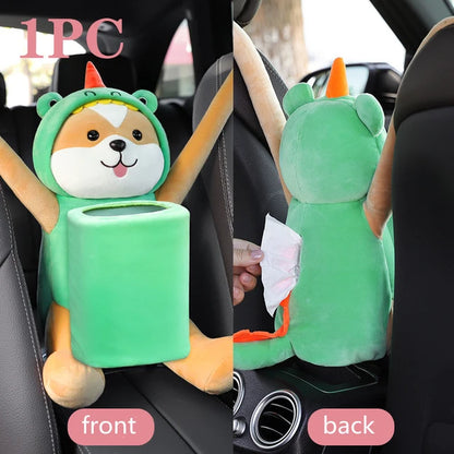 2 in 1 Car Tissue Box Doll Cartoon Garbage Can Dog Monkey Rabbit Short Plush Car Tissue Holder Car Tissue Box Car Accessories