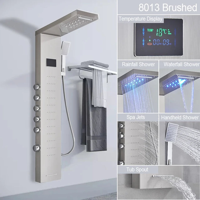 Black LED Light Shower Faucet Bathroom SPA Massage Jet Shower Column System Waterfall Rain Shower Panel Bidet Sprayer Tap