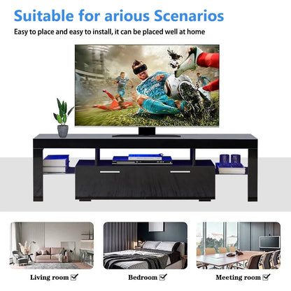 Black TV Stand for 70 Inch TV, Modern TV Cabinet with 16 Color LED Light