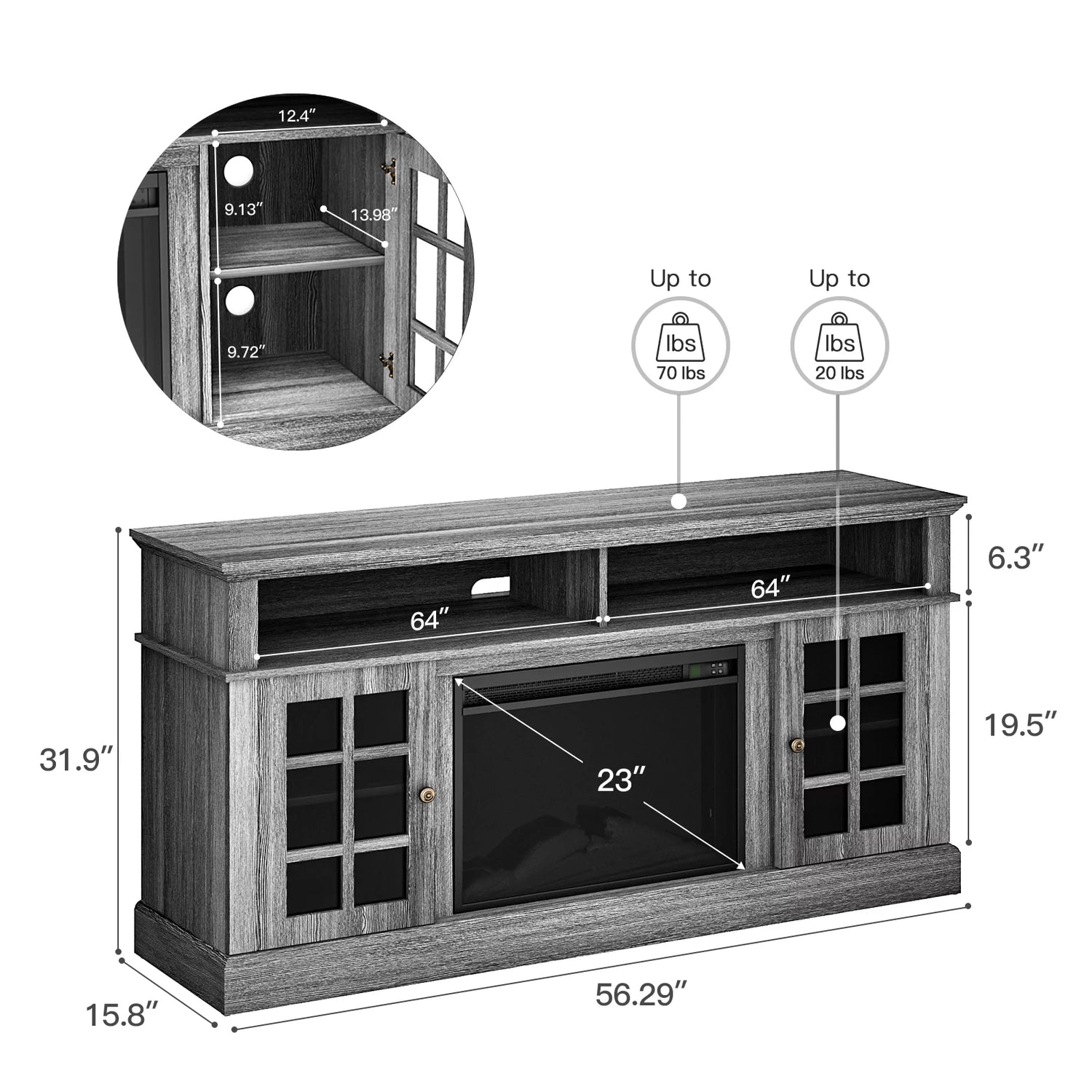 Electric Fireplace TV Stand for 65″ Tvs with Remote Control Fireplace Entertainment Center TV Console Table with 23″ Fireplace, Holds up to 200 Lbs