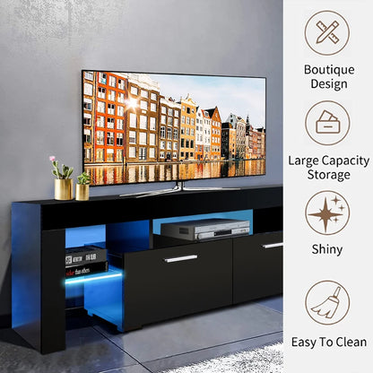 Black TV Stand for 70 Inch TV, Modern TV Cabinet with 16 Color LED Light