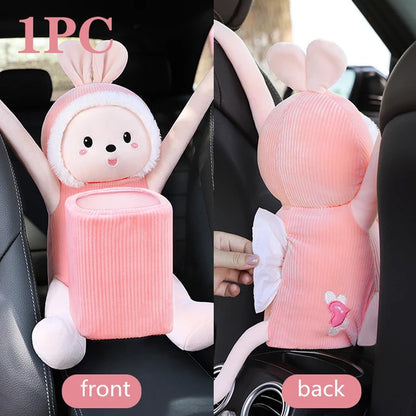 2 in 1 Car Tissue Box Doll Cartoon Garbage Can Dog Monkey Rabbit Short Plush Car Tissue Holder Car Tissue Box Car Accessories