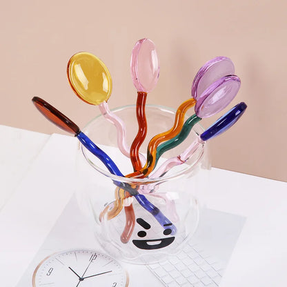 Hot Creative Glass Milk Spoons Colored Transparent Coffee Dessert Stirring Spoon Long Handle round Kitchen Tableware Stirrer Rod