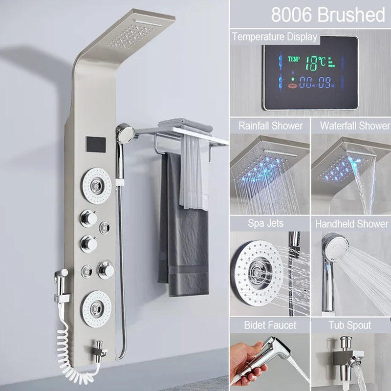 Black LED Light Shower Faucet Bathroom SPA Massage Jet Shower Column System Waterfall Rain Shower Panel Bidet Sprayer Tap