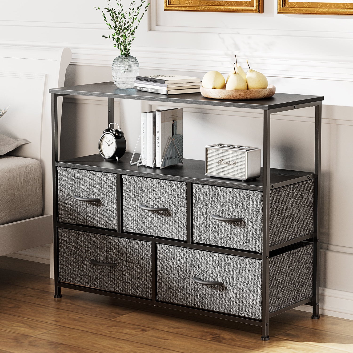 Dresser TV Stand, Entertainment Center with Fabric Drawers, Media Console Table with Open Shelves for TV up to 45 Inch for Bedroom, Living Room, Entryway, Grey