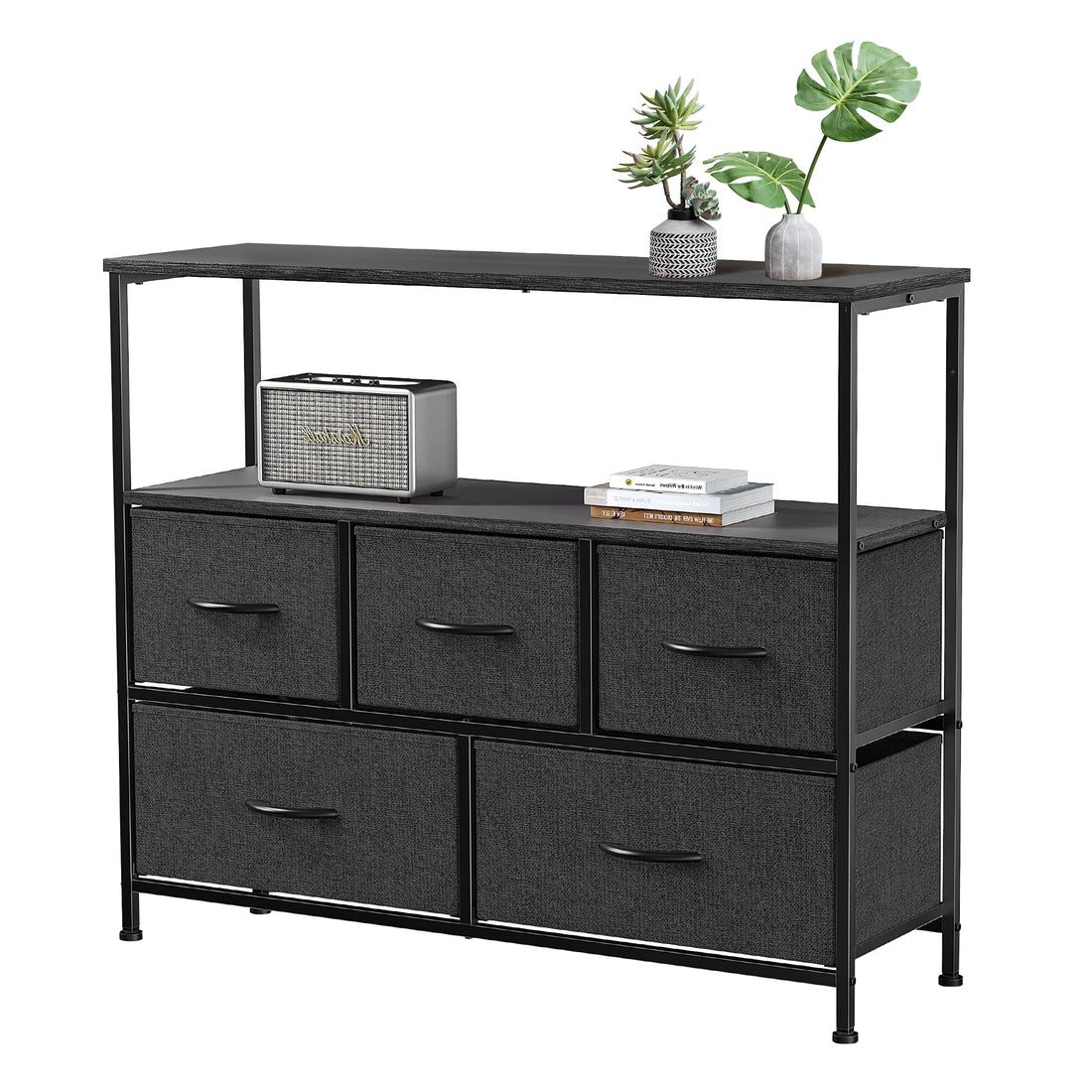 Dresser TV Stand, Entertainment Center with Fabric Drawers, Media Console Table with Open Shelves for TV up to 45 Inch for Bedroom, Living Room, Entryway, Black