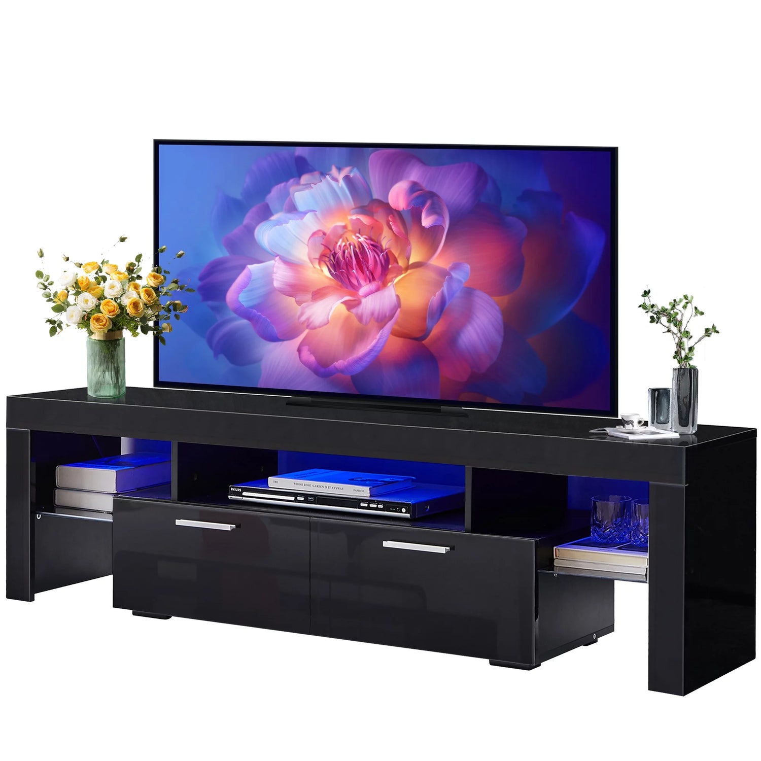 Black TV Stand for 70 Inch TV, Modern TV Cabinet with 16 Color LED Light