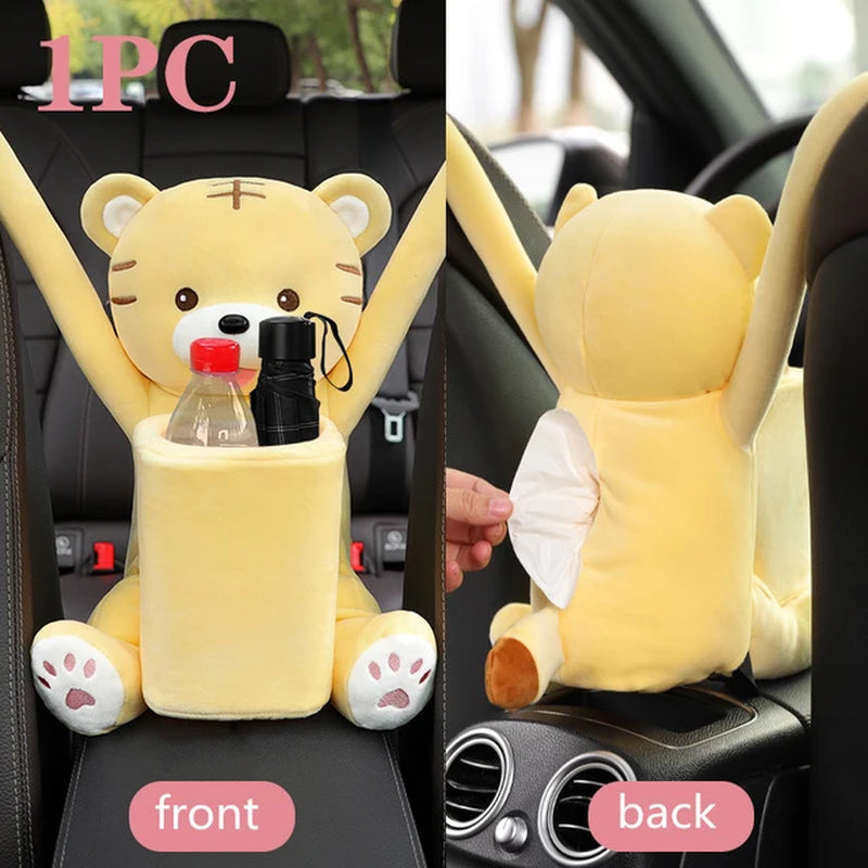 2 in 1 Car Tissue Box Doll Cartoon Garbage Can Dog Monkey Rabbit Short Plush Car Tissue Holder Car Tissue Box Car Accessories