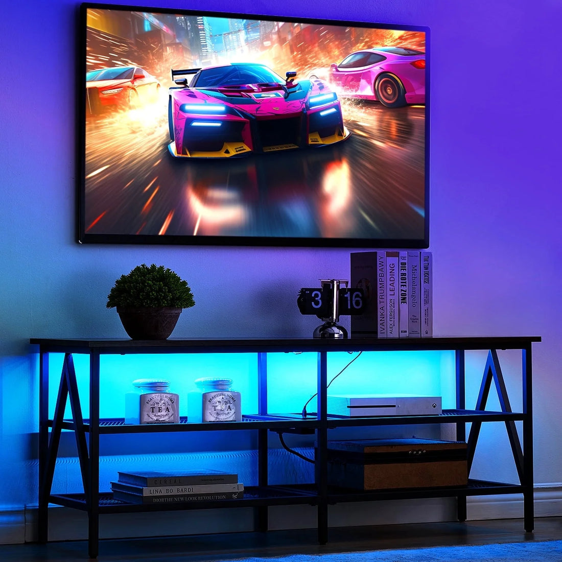 55 Inch TV Stand for 65 Inch TV, TV Cabinet with 20 Colors LED Lights for Living Room,Black