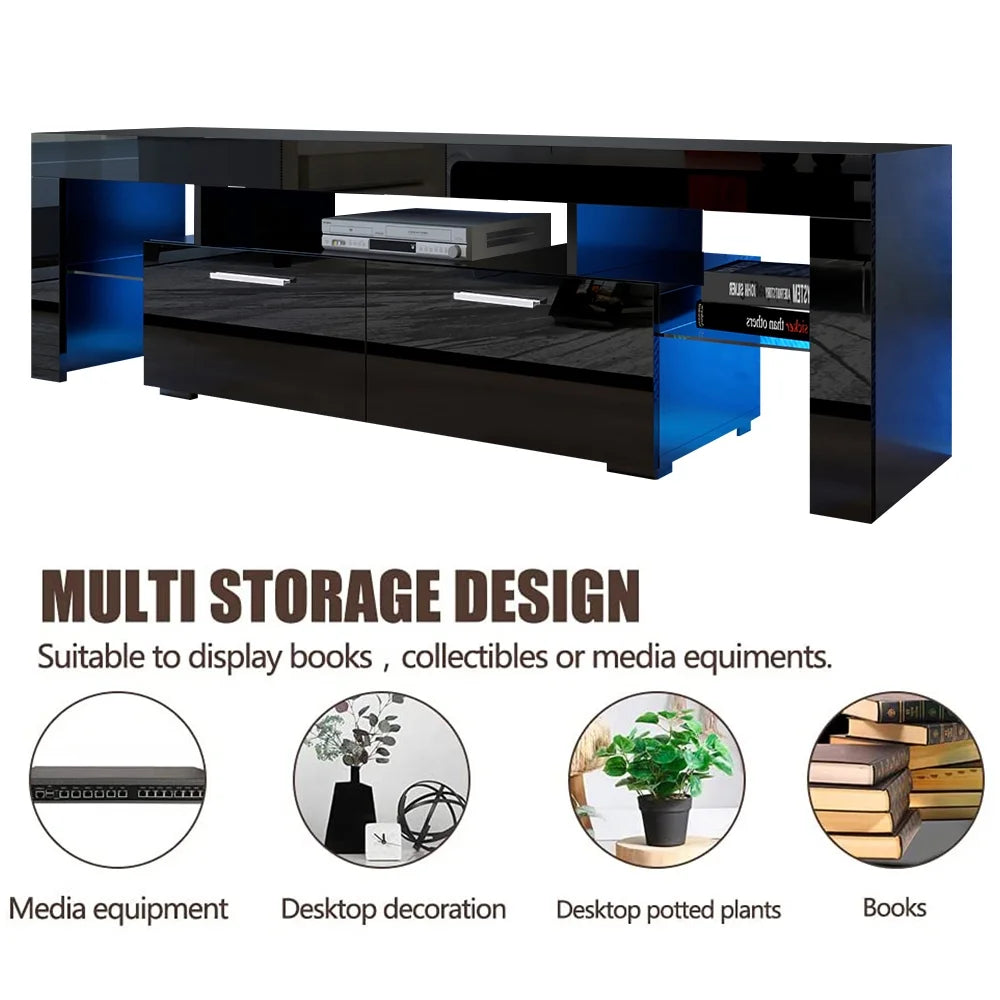 Black TV Stand for 70 Inch TV, Modern TV Cabinet with 16 Color LED Light