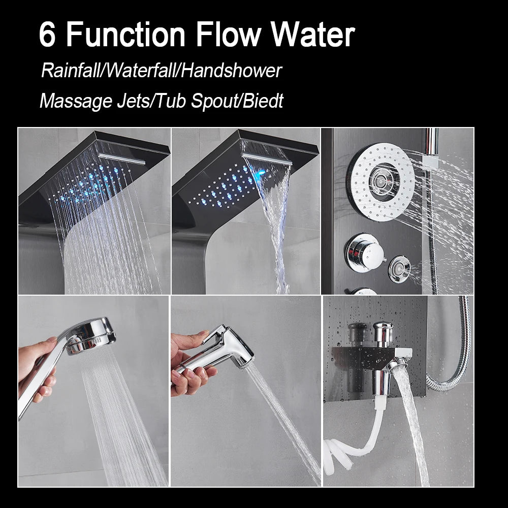 Black LED Light Shower Faucet Bathroom SPA Massage Jet Shower Column System Waterfall Rain Shower Panel Bidet Sprayer Tap